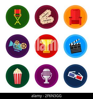 Vector flat movie elements with armchair, award, camera, popcorn and a microphone. Concept cinema. Stock Vector