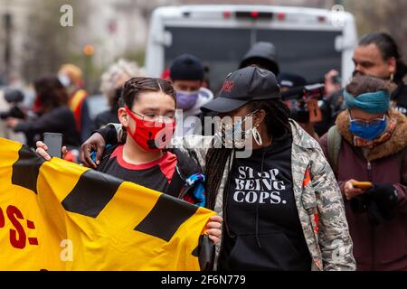 Washington, DC, USA, 1 April, 2021.  Pictured: Indigenous youth march against the Dakota Access Pipeline and Line 3 Pipeline.  Credit: Allison C Bailey/Alamy Live News Stock Photo