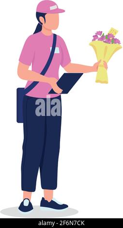 Female courier in uniform with bouquet flat color vector detailed character Stock Vector