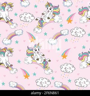Seamless pattern with funny unicorns and rainbows on pink background. Vector illustration for party, print, baby shower, wallpaper, design, decor, lin Stock Vector