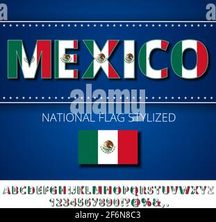 Mexico national flag stylized font with coat of arms. Alphabet and Numbers in Vector Set Stock Vector