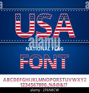 USA Flag Font. Alphabet, numbers and symbols stylised by Unites State of America national Flag. Vector set Stock Vector