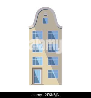 European beige old house in the traditional Dutch town style with a double gable roof, round attic windows and large storefronts. Vector illustration Stock Vector