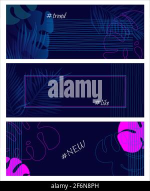 Set of Creative universal floral header in tropical style Hand Drawn. Vector illustration Stock Vector