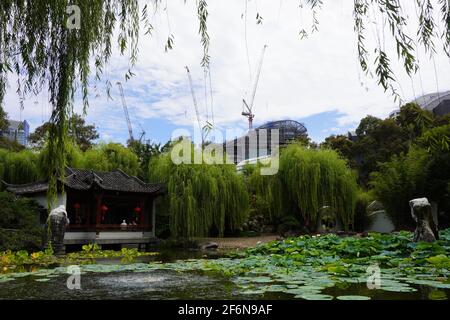 View across the Chinese Garden of Friendship towards THE RIBBON under Construction Stock Photo