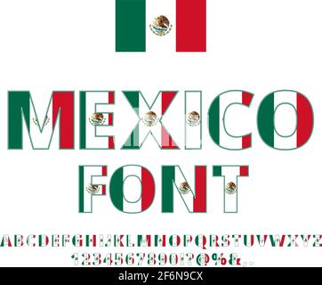 Mexico national flag flat stylized font. Alphabet and Numbers in Vector Set Stock Vector