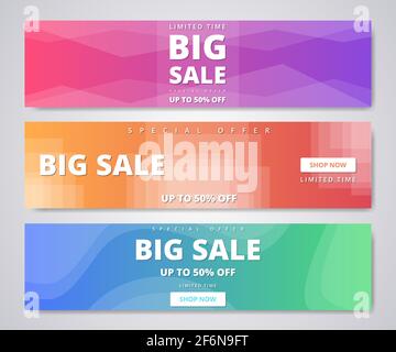 Horizontal selling banners collection, set of three templates. Wide banner with modern geometric background for sale, special offer, clearance. Vector Stock Vector