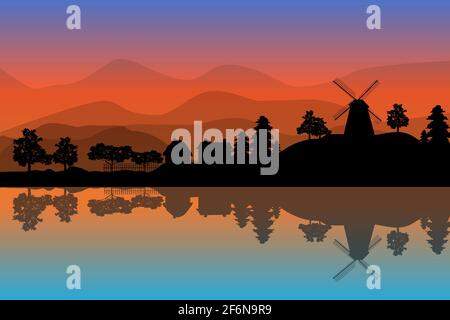 Landscape with windmill, houses and trees at sunset on hills background. Scenery of nature with reflection in the water. Stock vector illustration Stock Vector
