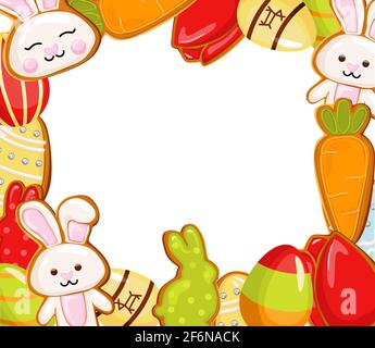 Easter banner holiday day, with easter eggs and gingerbread cookies on white background, concept. Stock Vector