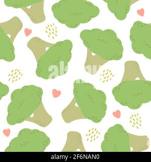Green vegan seamless pattern. Hand drawn broccoli and pink hearts summer print. Healthy vegetables.  Vector illustration. Stock Vector