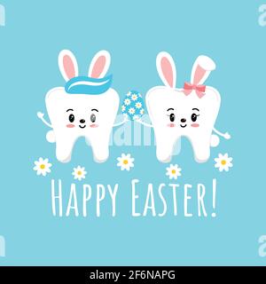 Easter cute smile teeth with bunny ears on dentist greeting card. Stock Vector