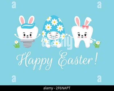 Easter cute smile teeth with bunny ears and egg on dentist greeting card. Stock Vector