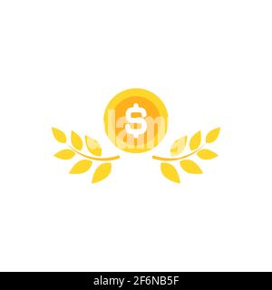 Gold Laurel Wreath with dollar coin. Vector Flat illustration isolated on white. Winner label made of twigs. Business success. Victory logo. First pla Stock Vector