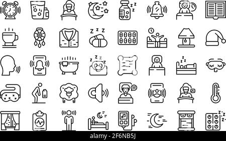 Sleep problems icons set. Outline set of sleep problems vector icons for web design isolated on white background Stock Vector