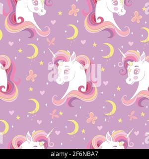 Seamless pattern with heads of unicorn, butterflies and moon on pink background. Vector illustration for party, print, baby shower, wallpaper, design, Stock Vector
