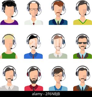 Vector male and female call center avatars in a flat style with a headset, conceptual of business communication. Avatars with a headphones and microph Stock Vector