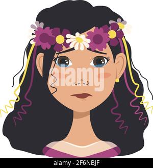 Woman avatar with black hair and spring or summer flowers wreath. Girl with tears in her eyes Stock Vector