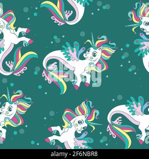 Seamless pattern with beauty sea unicorns on green background. Vector illustration for party, print, baby shower, wallpaper, design, decor, linen, dis Stock Vector