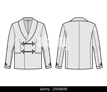 Smoking jacket technical fashion illustration with double breasted, long sleeves, shawl collar, besom pockets. Flat pajama top coat template front, back grey color style. Women, men, unisex CAD mockup Stock Vector