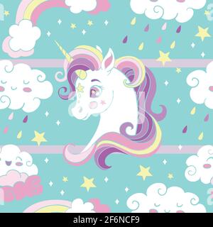 Cartoon rainbow unicorn on clouds Royalty Free Vector Image