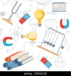 Seamless pattern Physics science courses online education concept or school lesson vector illustration on white background. Stock Vector