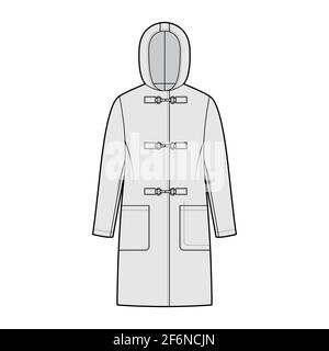 Clasp coat technical fashion illustration with long sleeves, hood, oversized body, patch pockets, knee length. Flat jacket template front, grey color style. Women, men, unisex top CAD mockup Stock Vector
