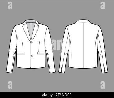 Single breasted jacket suit technical fashion illustration with long sleeves, notched lapel collar, flap welt pockets. Flat coat template front, back, white color style. Women, men, unisex CAD mockup Stock Vector