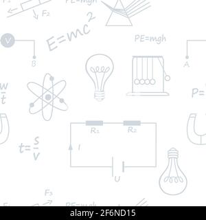 Seamless pattern outline style Physics science icons courses online education concept or school lesson vector illustration on white background. Stock Vector