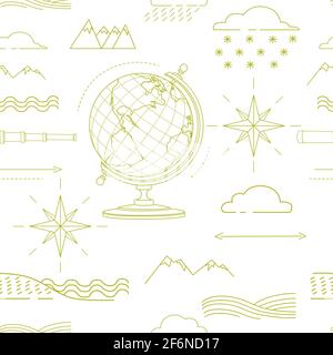 Seamless pattern outline style Geography science icons courses online education concept or school lesson vector illustration on white background. Stock Vector