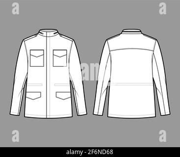 M-65 field jacket technical fashion illustration with oversized, stand collar, long sleeves, flap pockets, epaulettes. Flat coat template front, back white color style. Women men unisex top CAD mockup Stock Vector