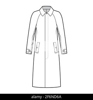 Mackintosh coat technical fashion illustration with raglan long sleeves, regular collar, oversized body, midi length. Flat rubber jacket template front, white color style. Women, men, top CAD mockup Stock Vector