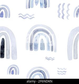 Watercolor kids raindow seamless pattern . scandinavian hand painted boho rainbows background. Nursery art fabric illustration in trendy scandinavian Stock Photo