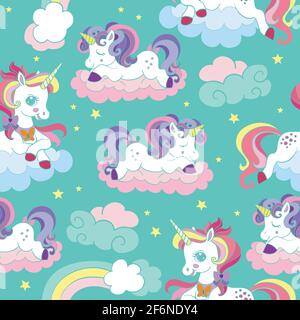 Seamless pattern with dreaming baby unicorns and clouds on turquoise background. Vector illustration for party, print, baby shower, wallpaper, design, Stock Vector