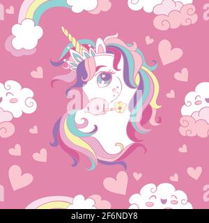 Seamless pattern with heads of unicorn, clouds and hearts on pink background. Vector illustration for party, print, baby shower, wallpaper, design, de Stock Vector
