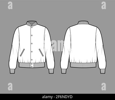 Varsity Bomber jacket technical fashion illustration with Rib baseball collar, cuffs, waistband, buttons fastening, oversized, long sleeves. Flat coat template front, back white color. Women men CAD Stock Vector