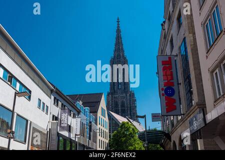 ULM, GERMANY, 7 AUGUST 2020: ulm minster from the street in the center Stock Photo