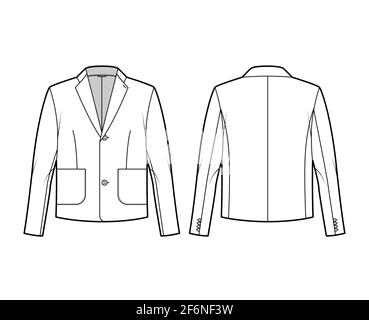 Blazer jacket suit technical fashion illustration with long sleeves, notched lapel collar, patch pockets, oversized body. Flat coat template front, back, white color style. Women, men, top CAD mockup Stock Vector