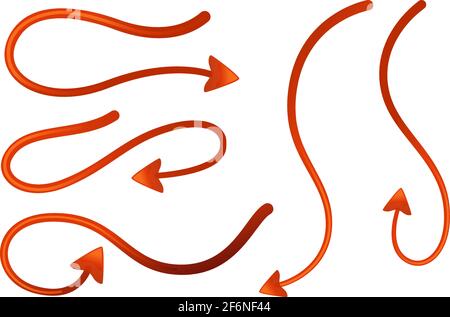 Set of devil tail collection of red different shapes satan's tail carnival party accessory vector illustration on white background. Stock Vector
