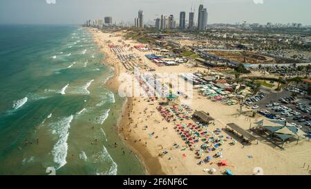 Aerial Photography of the Coastline of Rishon LeZion in central Israel. Looking North Bat Yam in the background Stock Photo