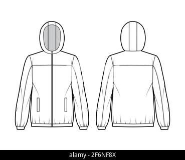 Windbreaker jacket technical fashion illustration with hood, oversized, long sleeves, welt pockets, zip-up opening. Flat coat template front, back white color style. Women, men, unisex top CAD mockup Stock Vector