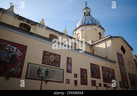 Building's facade of Catholic Church named Basilica Nuestra Senora de la Merced in Cordoba, Argentina. Exterior of Catholic Basilica Stock Photo