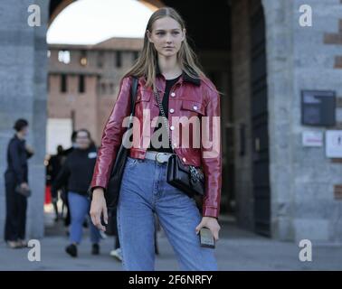 Model Valeria Buldini posing for photographers after Philosophy by Lorenzo Serafini at MFW fall/winter 2020 collections Stock Photo