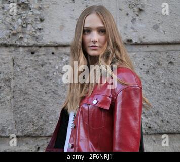 Model Valeria Buldini posing for photographers after Philosophy by Lorenzo Serafini at MFW fall/winter 2020 collections Stock Photo