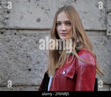 Model Valeria Buldini posing for photographers after Philosophy by Lorenzo Serafini at MFW fall/winter 2020 collections Stock Photo