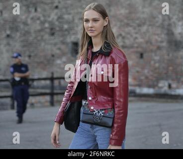 Model Valeria Buldini posing for photographers after Philosophy by Lorenzo Serafini at MFW fall/winter 2020 collections Stock Photo