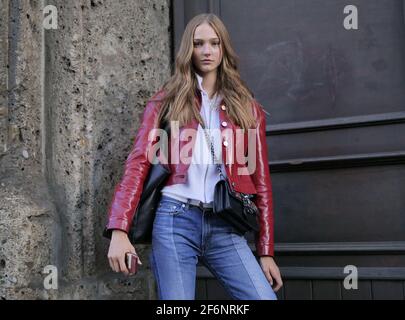 Model Valeria Buldini posing for photographers after Philosophy by Lorenzo Serafini at MFW fall/winter 2020 collections Stock Photo