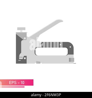 Construction stapler in a metal case. Realistic design. On a white background. Tools for workers. Flat vector illustration. Stock Vector