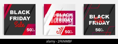 Square Black Friday sale banner template in black and white color combination. Minimal modern geometric layout for social media ads. Vector illustrati Stock Vector