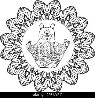 Bear in yoga pose with floral ornaments in fractal mandala pattern, Stock Vector