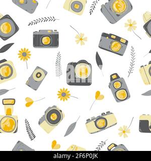 Cute seamless pattern with photo camera in cartoons style. Background with retro, dslr, instant and digital cameras in flat design. Vector endless bac Stock Vector